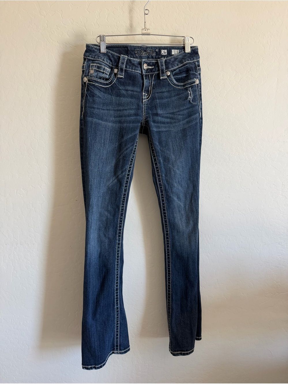Miss Me Mid-Rise Bootcut Jeans Size 26 Dark Wash Flap Pocket Silver Stitch